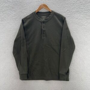 LL Bean Shirt Mens Medium Olive Green Slim Waffle Knit Thermal Henley Outdoor